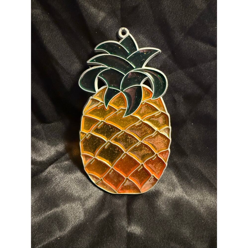 Vintage 70’s Hand Crafted Stained Glass Glittery PINEAPPLE Suncatcher